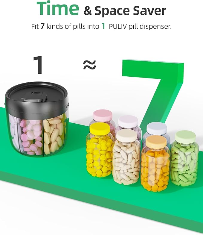 PULIV Portable Pill Dispenser Bottle – 7 Compartment Travel Pill Organizer & Vitamin Storage Container with Labels