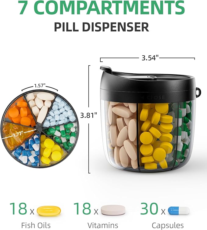 PULIV Portable Pill Dispenser Bottle – 7 Compartment Travel Pill Organizer & Vitamin Storage Container with Labels