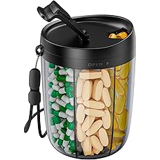 PULIV Portable Pill Dispenser Bottle – 7 Compartment Travel Pill Organizer & Vitamin Storage Container with Labels