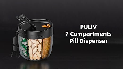 PULIV Portable Pill Dispenser Bottle – 7 Compartment Travel Pill Organizer & Vitamin Storage Container with Labels